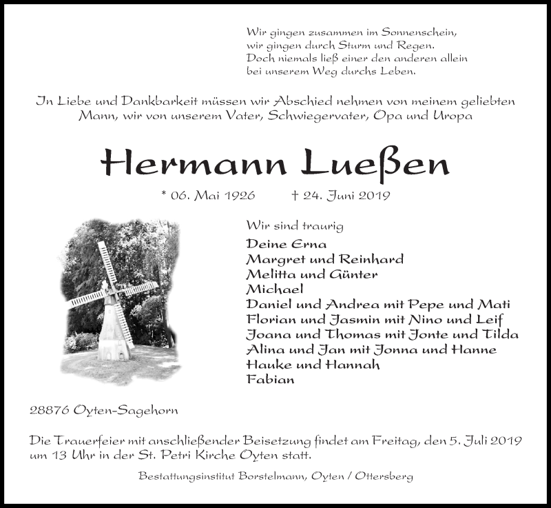 Traueranzeige von Hermann Lueßen von Achimer Kurier/Verdener Nachrichten