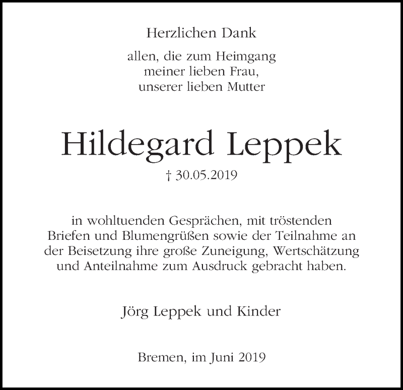 Traueranzeige von Hildegard Leppek von WESER-KURIER