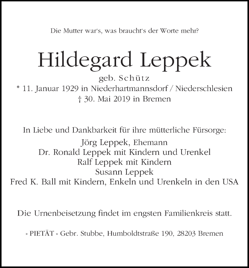 Traueranzeige von Hildegard Leppek von WESER-KURIER