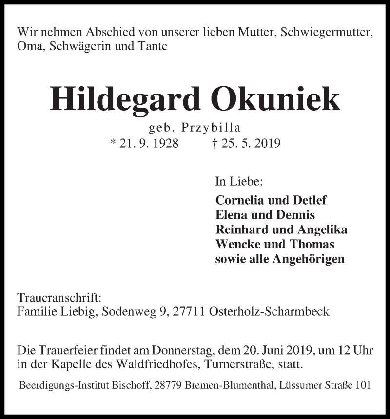 Traueranzeige von Hildegard Okuniek von Die Norddeutsche