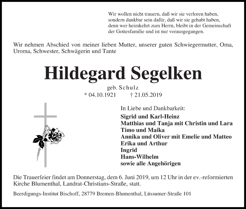 Traueranzeige von Hildegard Segelken von Die Norddeutsche