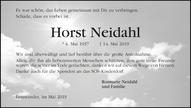 Traueranzeige von Horst Neidahl von Die Norddeutsche