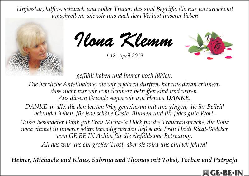 Traueranzeige von Ilona Klemm von WESER-KURIER