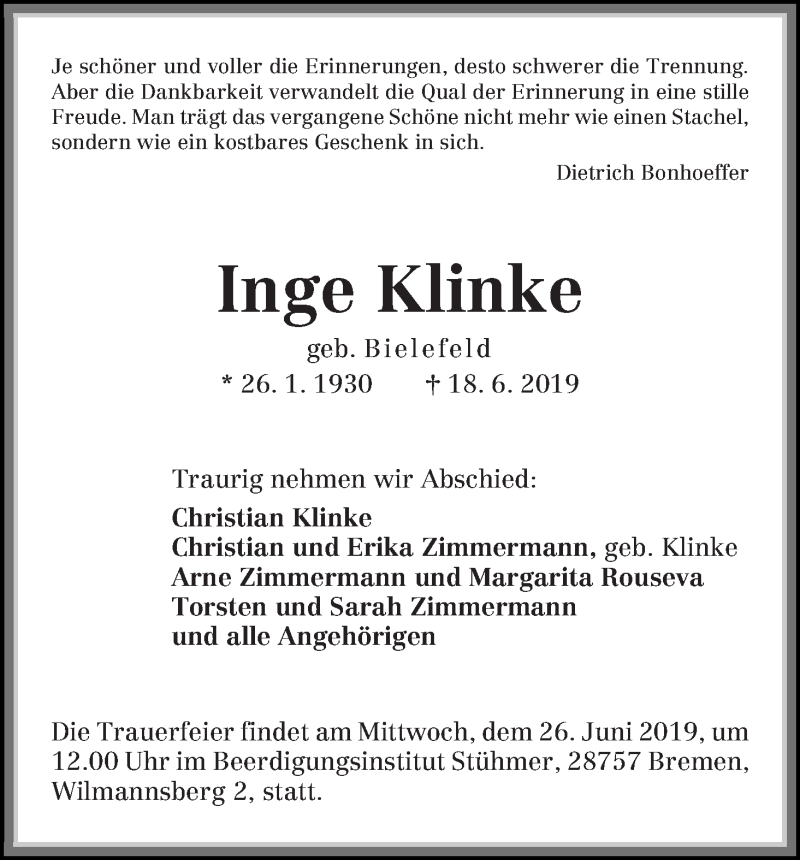 Traueranzeige von Inge Klinke von Die Norddeutsche