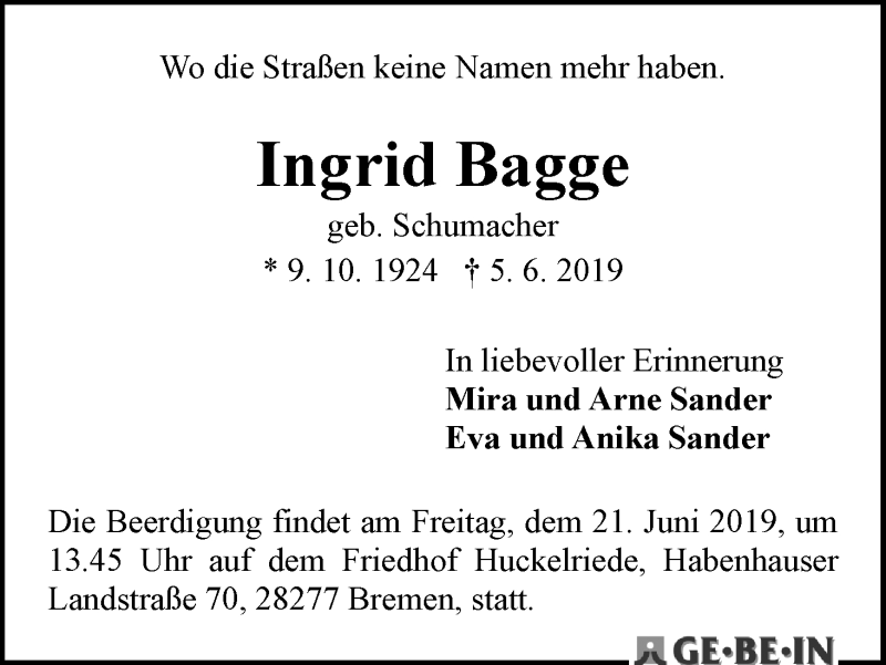 Traueranzeige von Ingrid Bagge von WESER-KURIER