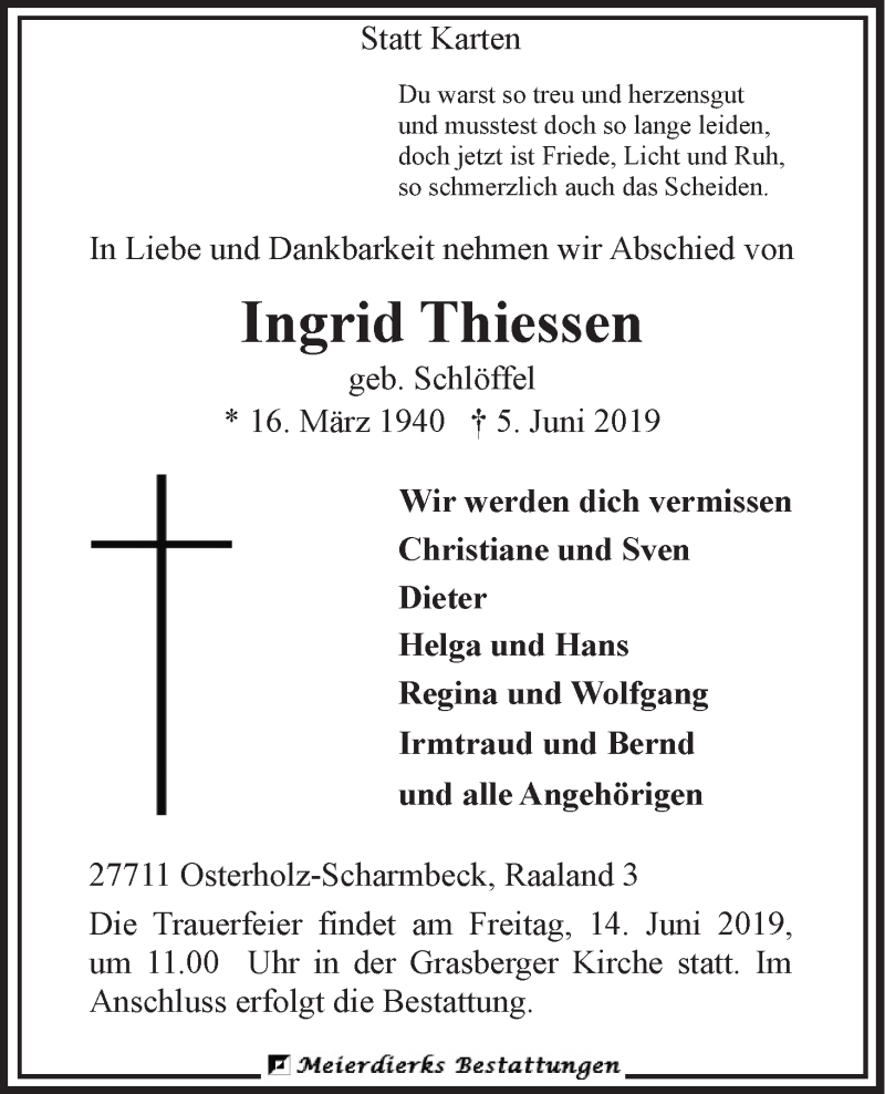 Traueranzeige von Ingrid Thiessen von WESER-KURIER