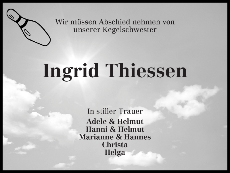 Traueranzeige von Ingrid Thiessen von Wuemme Zeitung