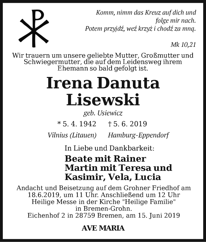 Traueranzeige von Irena Danuta Lisewski von Osterholzer Kreisblatt