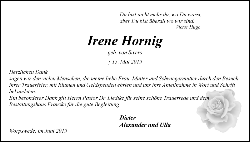 Traueranzeige von Irene Hornig von Wuemme Zeitung