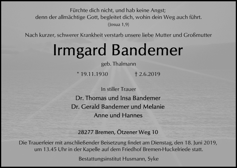 Traueranzeige von Irmgard Bandemer von WESER-KURIER