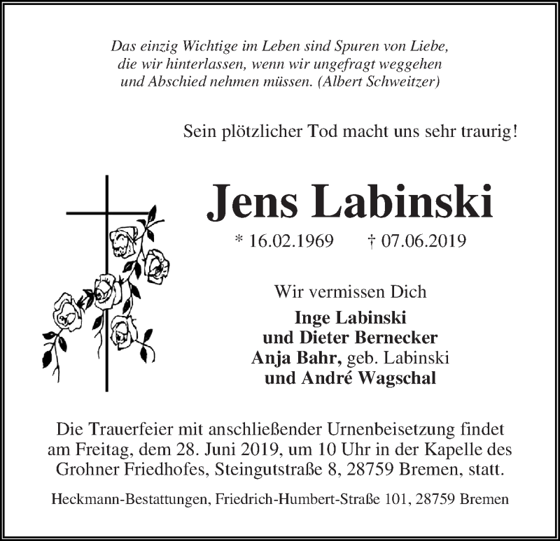 Traueranzeige von Jens Labinski von Die Norddeutsche