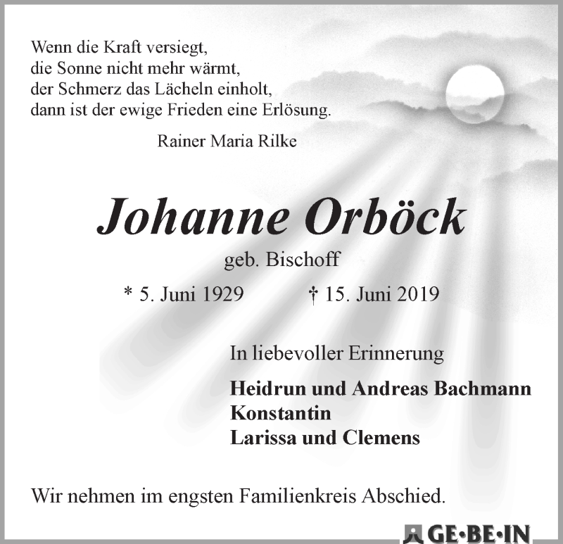 Traueranzeige von Johanne Orböck von Achimer Kurier/Verdener Nachrichten
