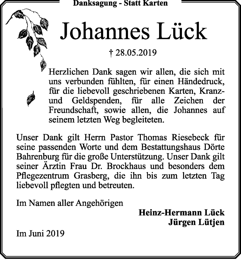 Traueranzeige von Johannes Lück von Wuemme Zeitung