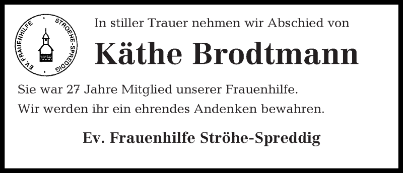 Traueranzeige von Käthe Brodtmann von Osterholzer Kreisblatt