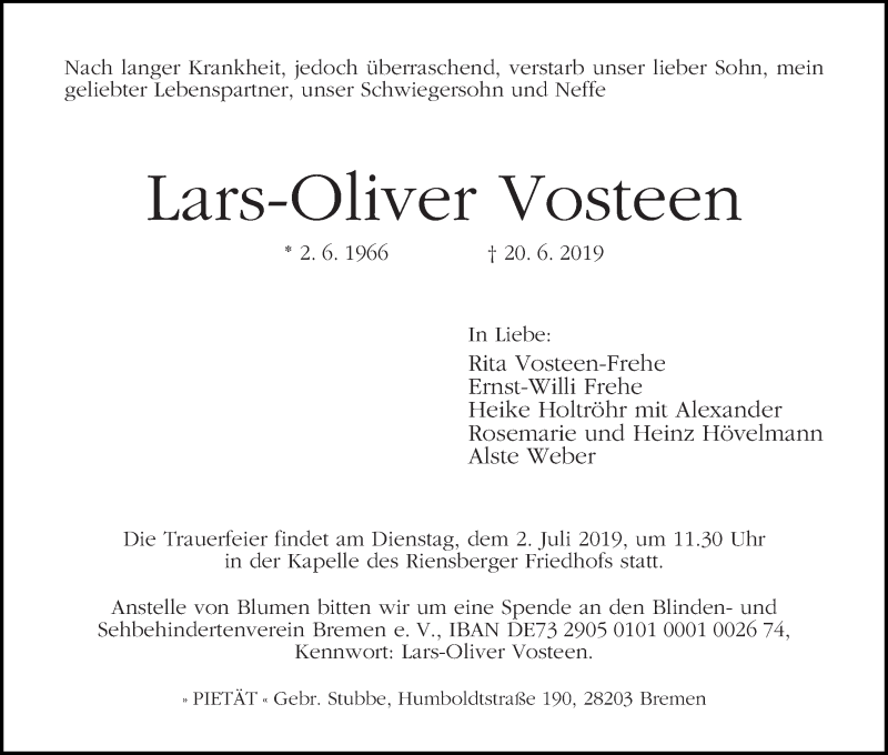 Traueranzeige von Lars-Oliver Vosteen von WESER-KURIER