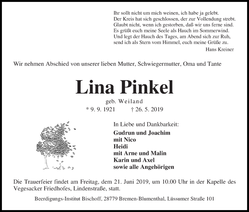 Traueranzeige von Lina Pinkel von Die Norddeutsche