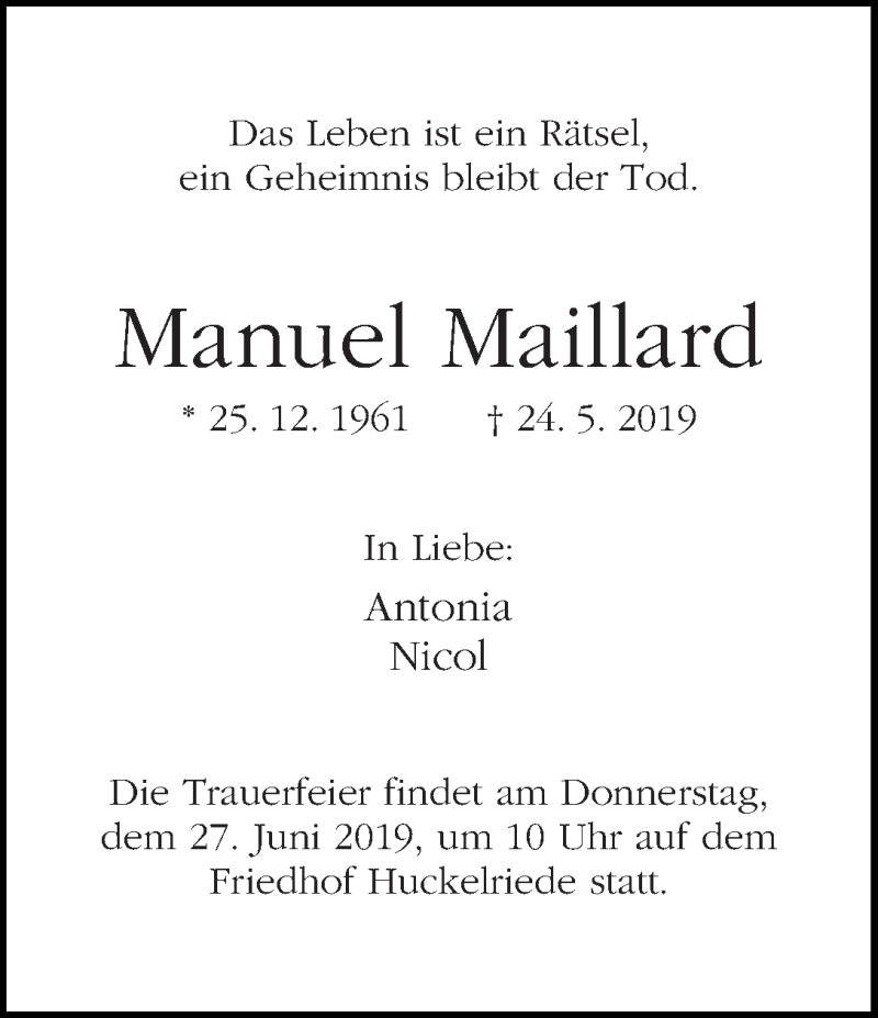 Traueranzeige von Manuel Maillard von WESER-KURIER