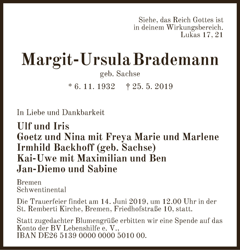 Traueranzeige von Margit-Ursula Brademann von WESER-KURIER
