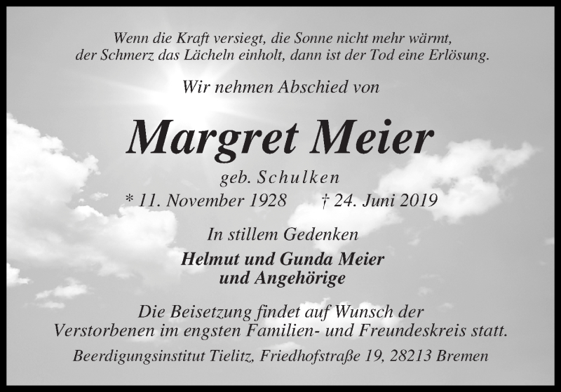Traueranzeige von Margret Meier von WESER-KURIER