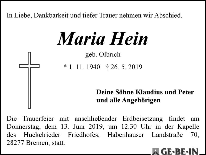 Traueranzeige von Maria Hein von WESER-KURIER