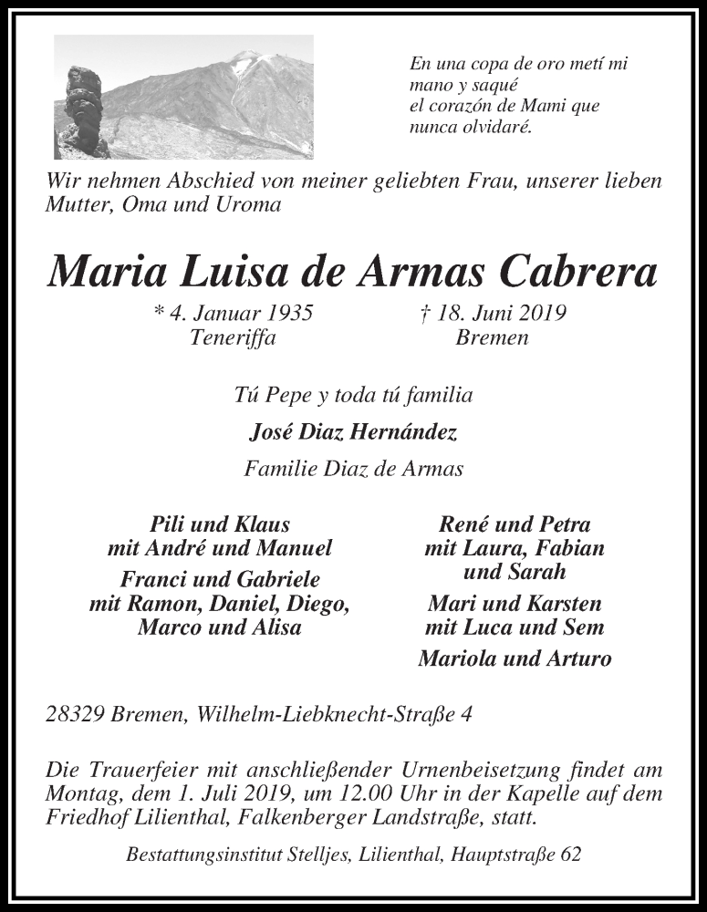 Traueranzeige von Maria Luisa de Armas Cabrera von Wuemme Zeitung