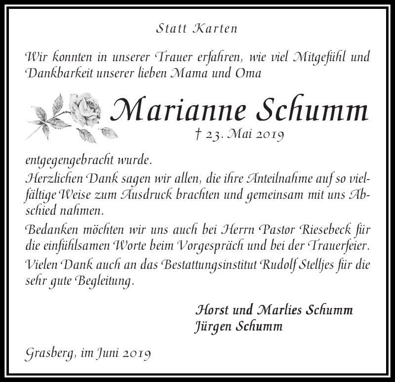 Traueranzeige von Marianne Schumm von Wuemme Zeitung