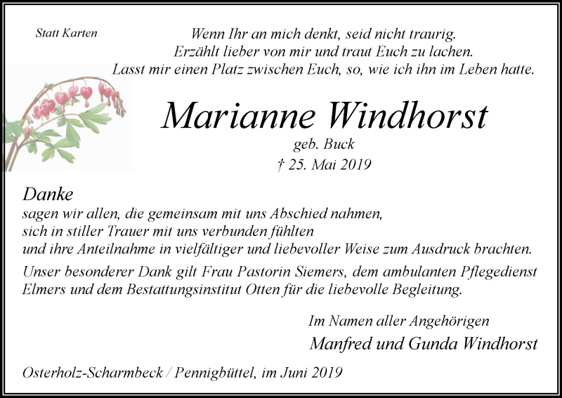 Traueranzeige von Marianne Windhorst von Osterholzer Kreisblatt