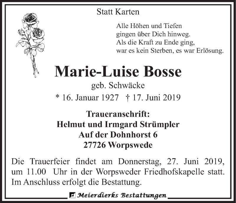 Traueranzeige von Marie-Luise Bosse von WESER-KURIER