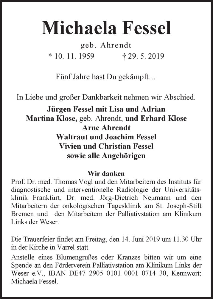 Traueranzeige von Michaela Fessel von WESER-KURIER