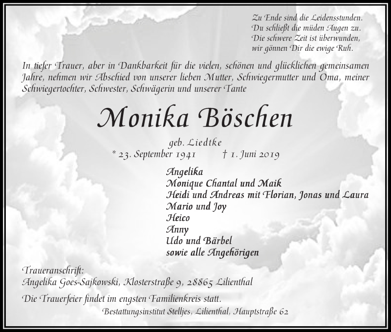 Traueranzeige von Monika Böschen von Wuemme Zeitung