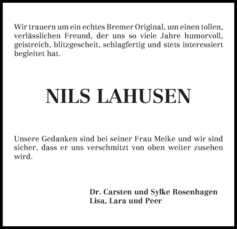 Traueranzeige von Nils Lahusen von WESER-KURIER