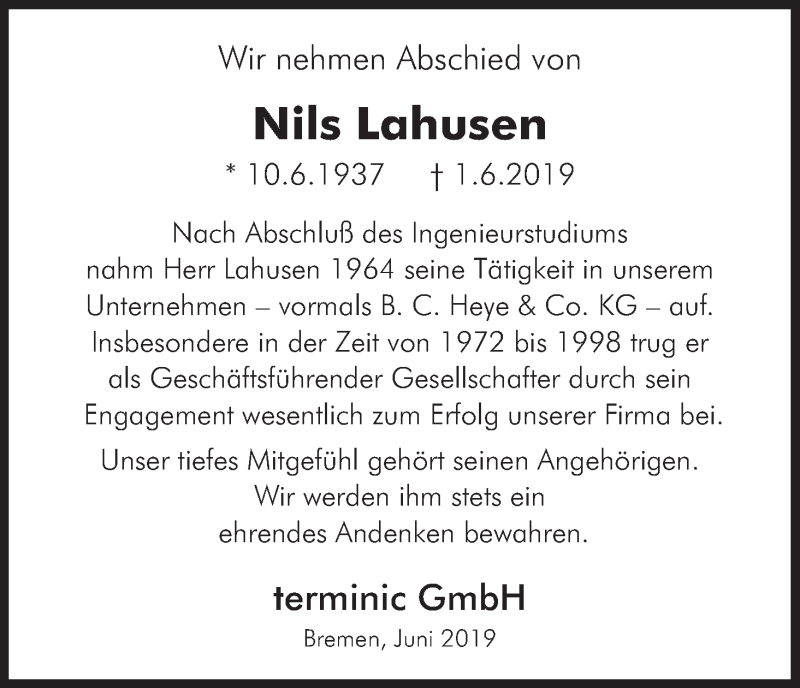 Traueranzeige von Nils Lahusen von WESER-KURIER