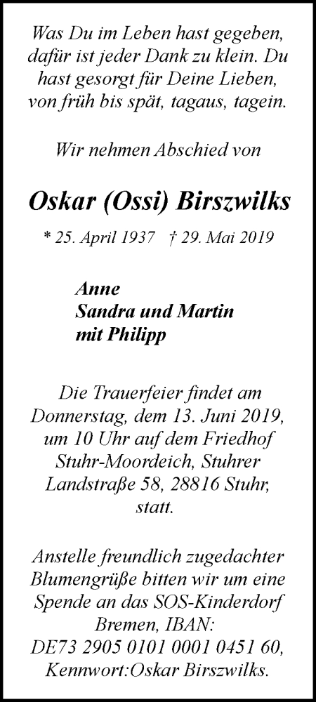 Traueranzeige von Oskar Ossi Birszwilks von WESER-KURIER