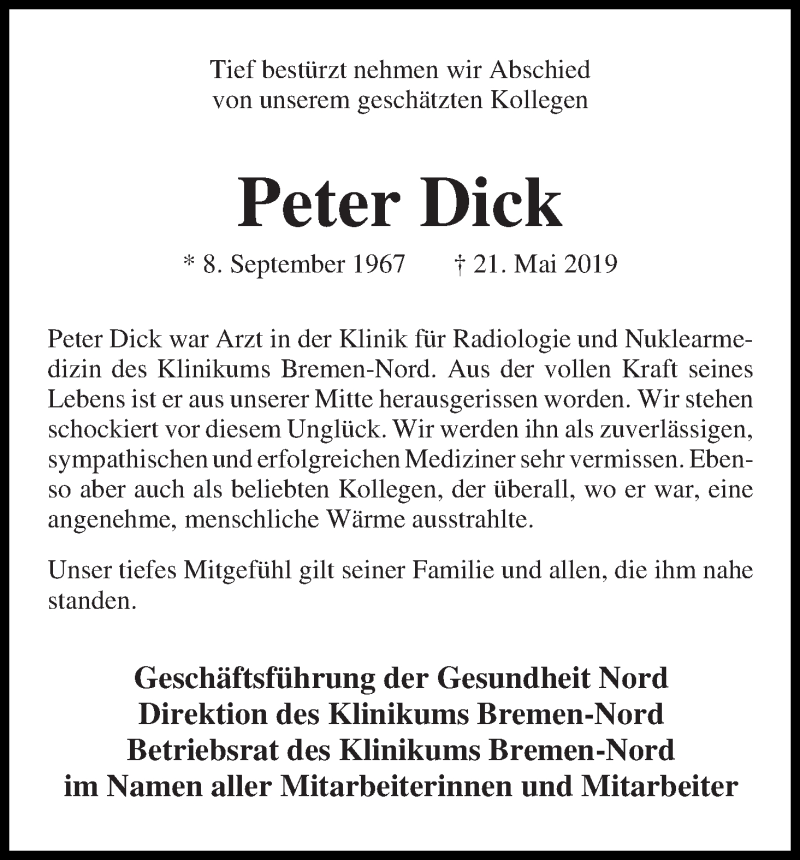 Traueranzeige von Peter Dick von WESER-KURIER