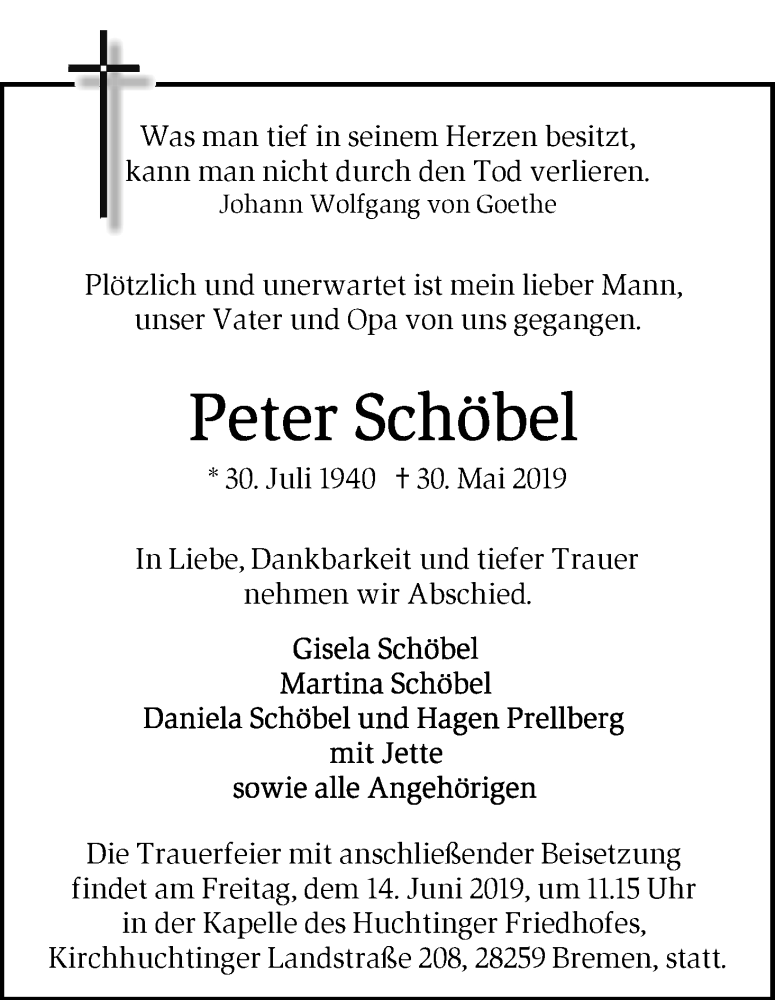 Traueranzeige von Peter Schöbel von WESER-KURIER
