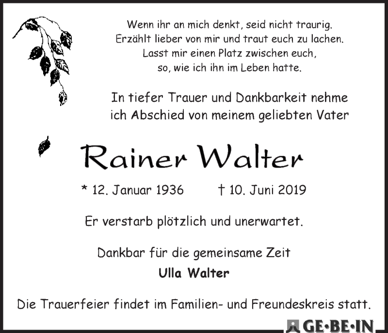 Traueranzeige von Rainer Walter von WESER-KURIER
