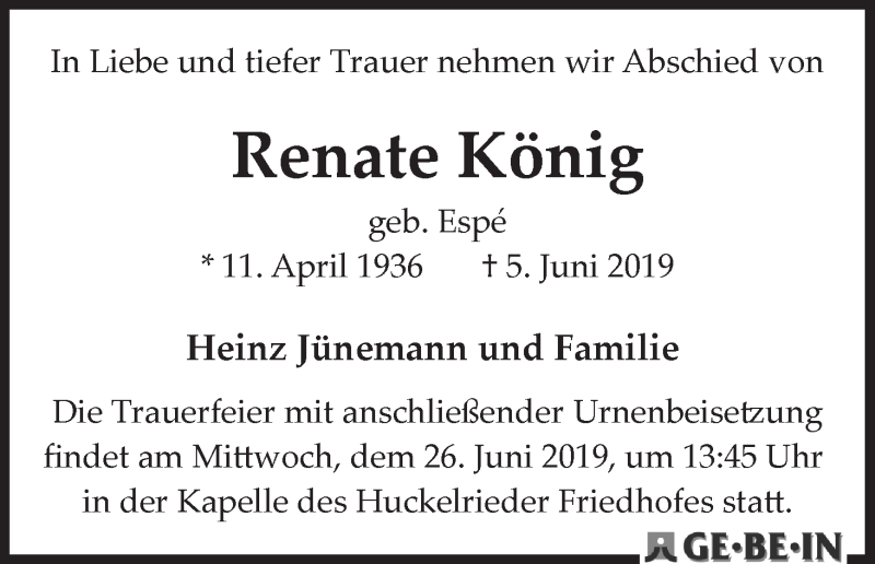 Traueranzeige von Renate König von WESER-KURIER