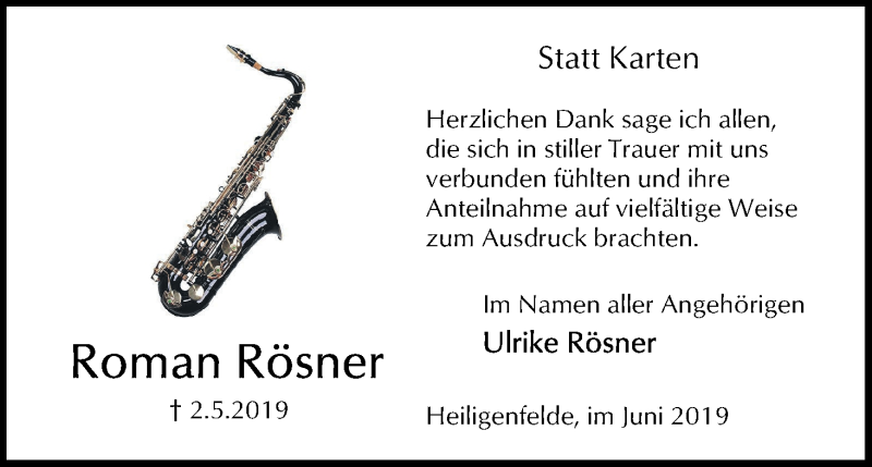 Traueranzeige von Roman Rösner von Regionale Rundschau/Syker Kurier