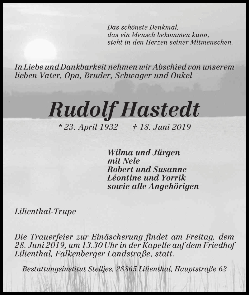 Traueranzeige von Rudolf Hastedt von Wuemme Zeitung
