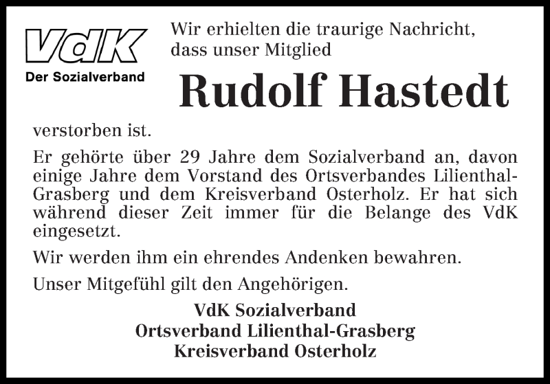 Traueranzeige von Rudolf Hastedt von Osterholzer Kreisblatt