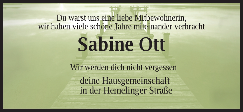 Traueranzeige von Sabine Ott von WESER-KURIER