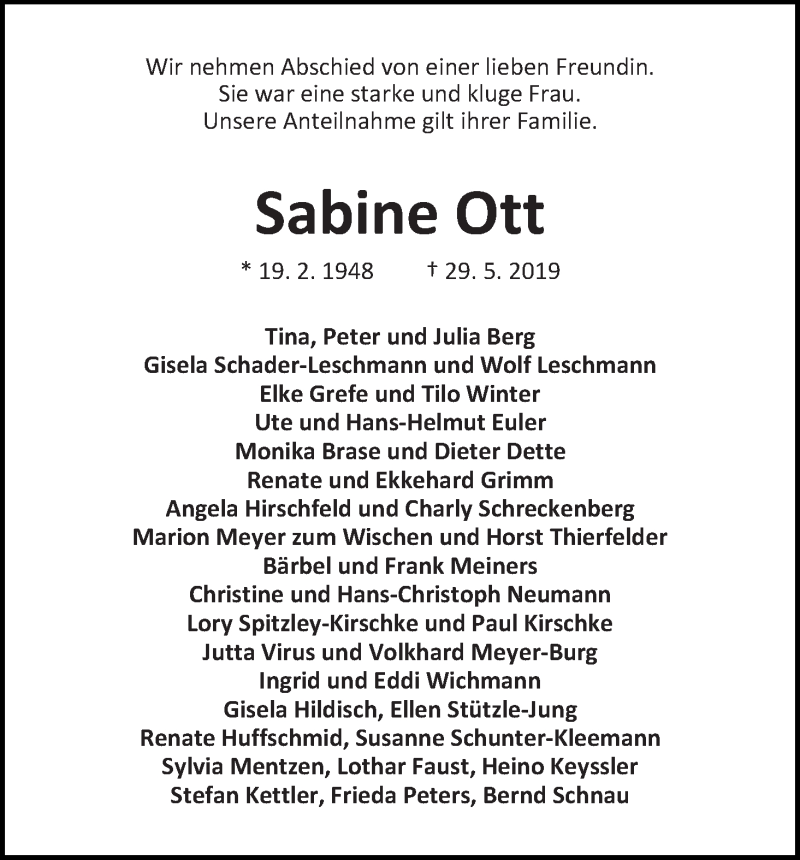 Traueranzeige von Sabine Ott von WESER-KURIER