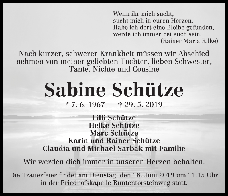 Traueranzeige von Sabine Schütze von WESER-KURIER
