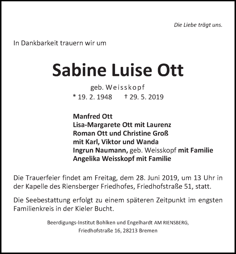 Traueranzeige von Sabine Luise Ott von WESER-KURIER