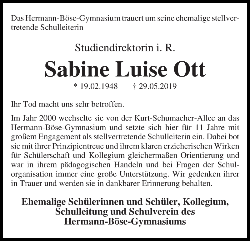 Traueranzeige von Sabine Luise Ott von WESER-KURIER