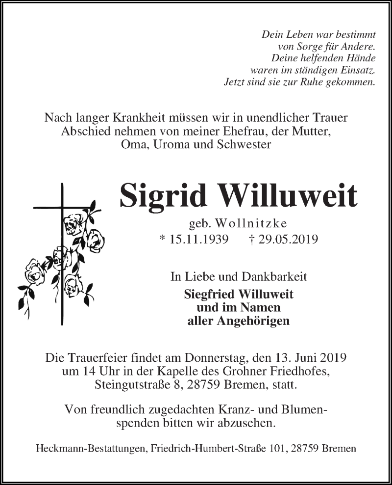 Traueranzeige von Sigrid Willuweit von Die Norddeutsche