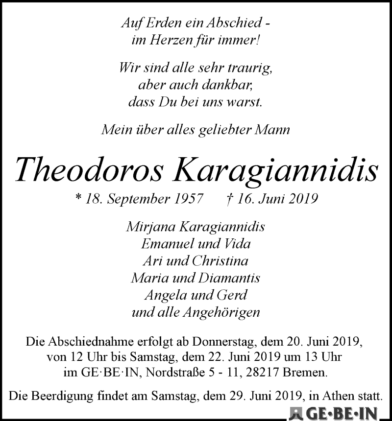 Traueranzeige von Theodoros Karagiannidis von WESER-KURIER