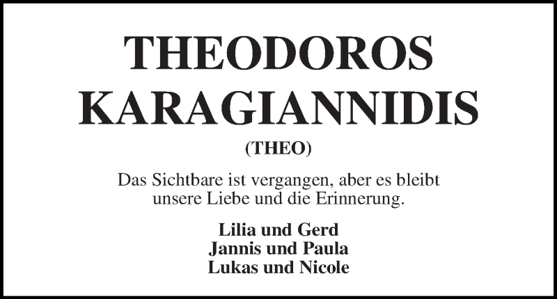 Traueranzeige von Theodoros Karagiannidis von WESER-KURIER