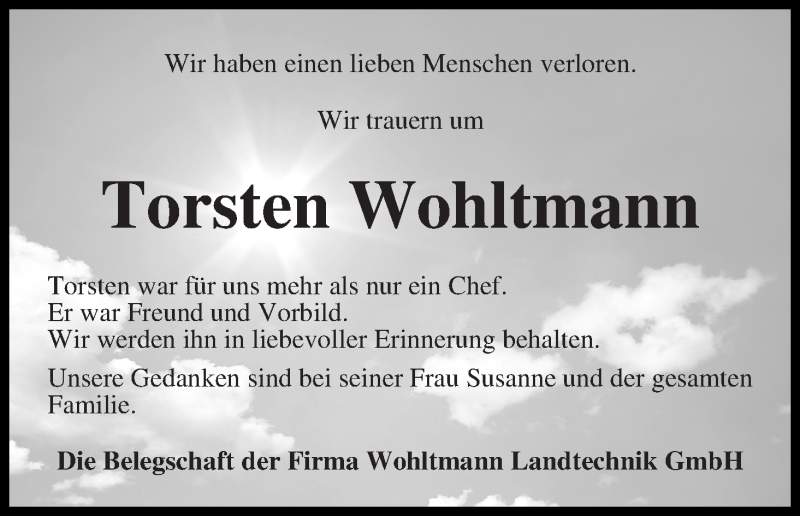 Traueranzeige von Torsten Wohltmann von Osterholzer Kreisblatt