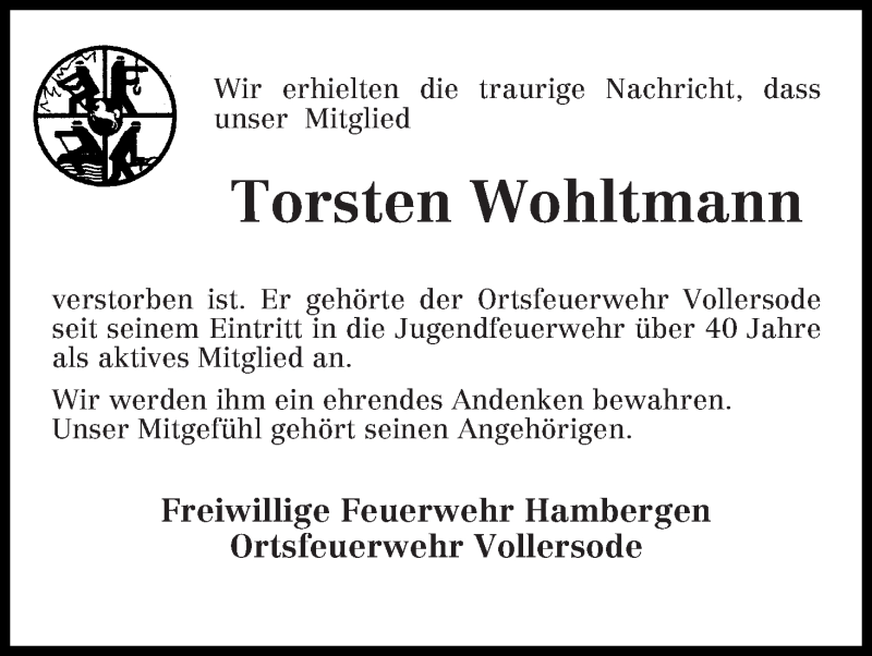 Traueranzeige von Torsten Wohltmann von Osterholzer Kreisblatt